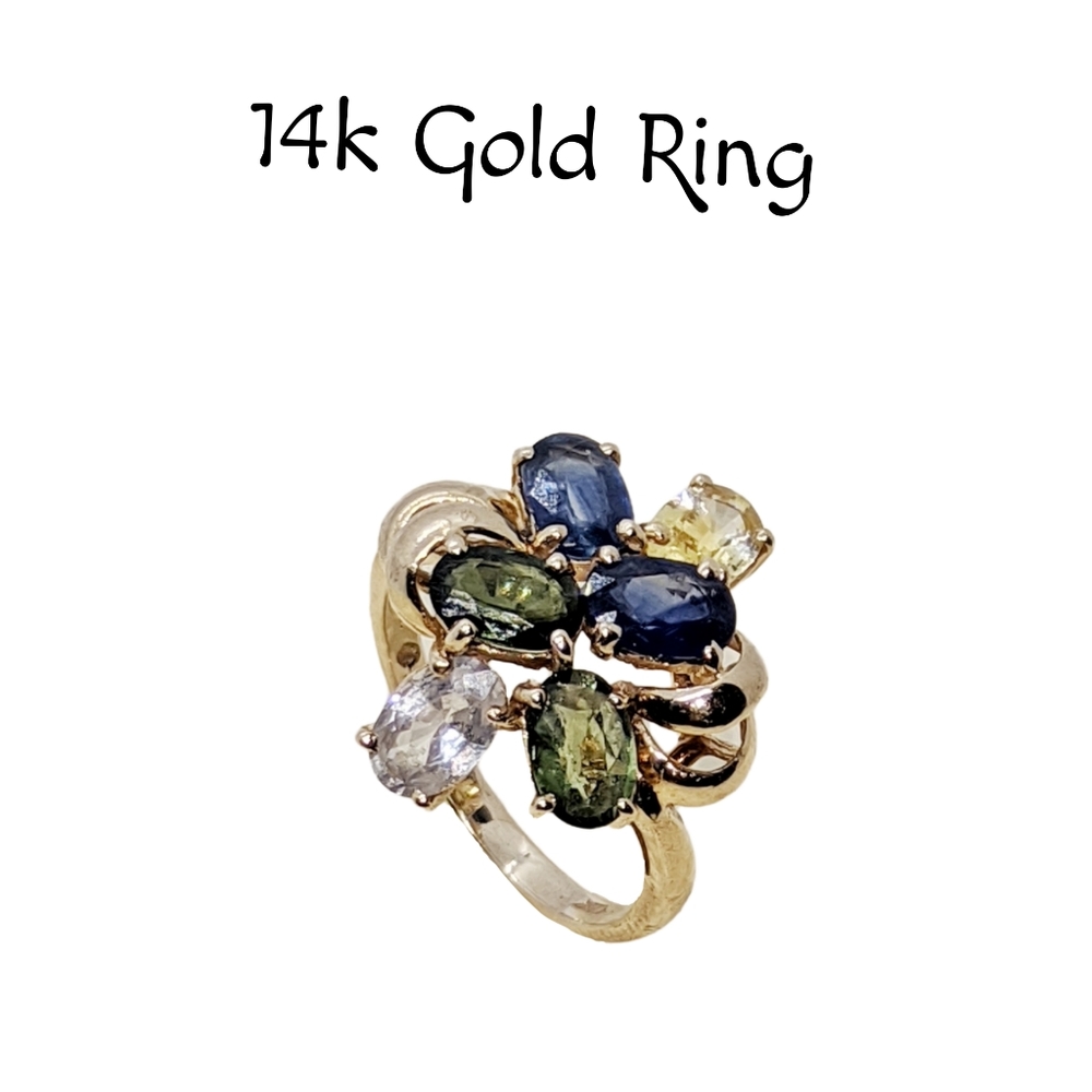 14k Gold ~ Asymmetrical Ring with Peridot, Sapphire, Topaz, Citrine, & Z… - Picture 4 of 7